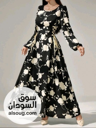 Modelyn فستان عباية بياقة دائرية وأكمام فانوس وطباعة زهور وسحاب جانبي، - Image # 4
