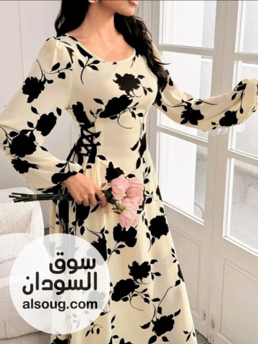 Modelyn فستان عباية بياقة دائرية وأكمام فانوس وطباعة زهور وسحاب جانبي،